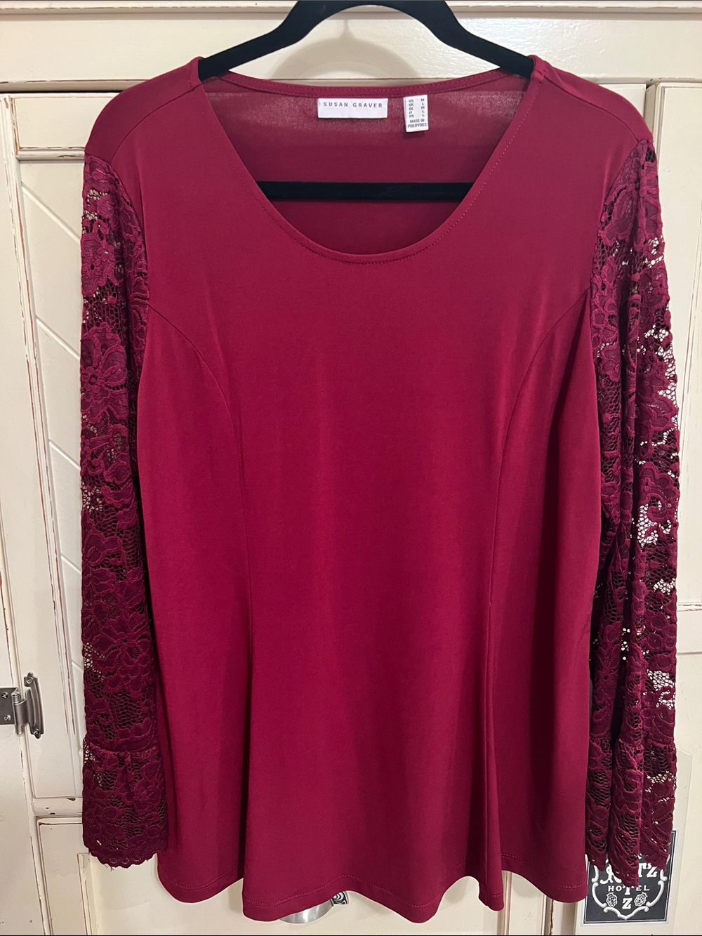 Susan Graver Burgundy Lace-Sleeve Scoop Neck Long Sleeve Dress